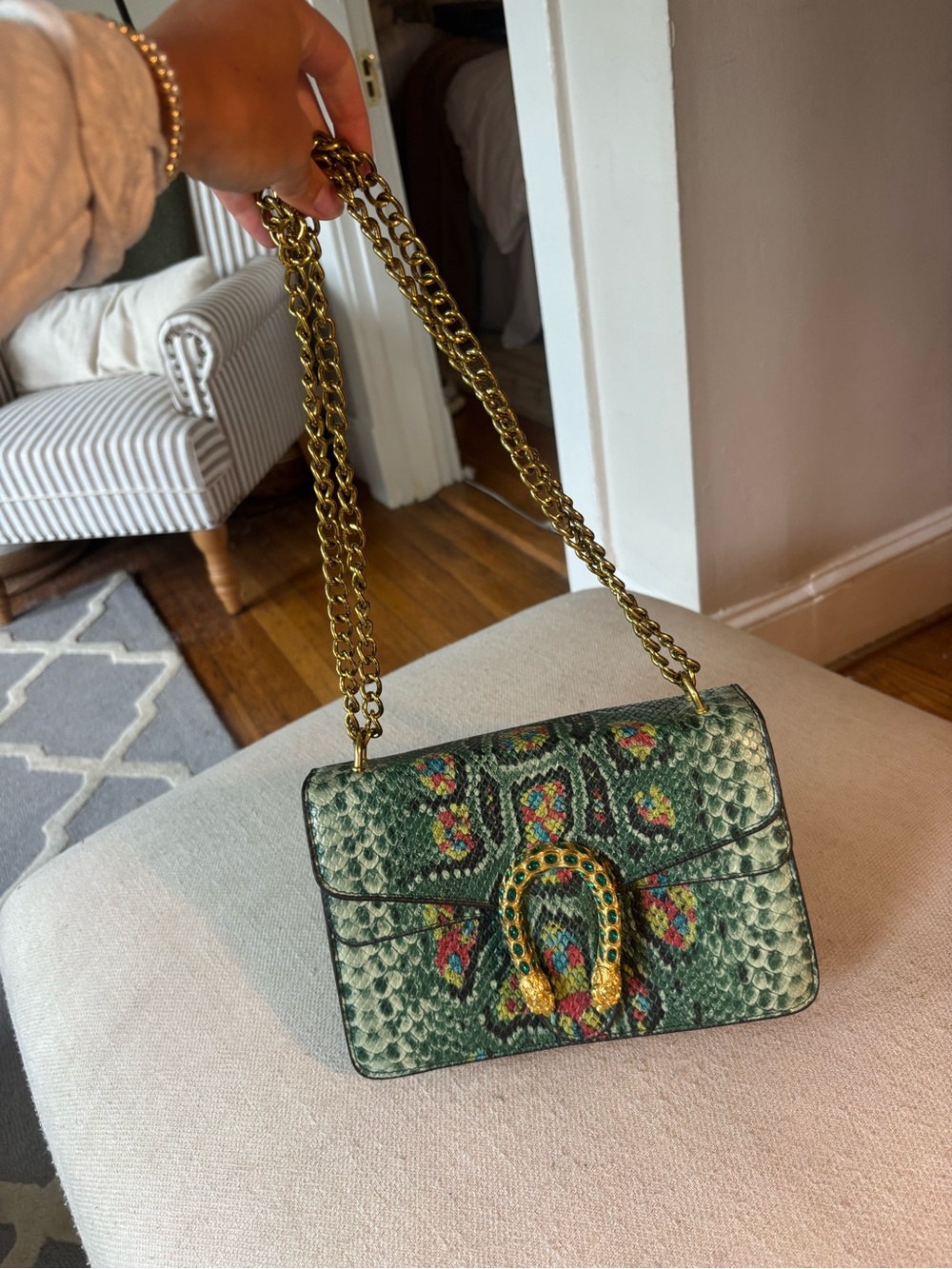 Green Snake-Print Chain Shoulder Bag